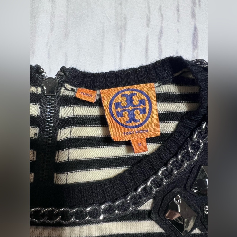 Tory Burch Black and Cream Striped Blouse with Embellishments - Picture 2 of 3